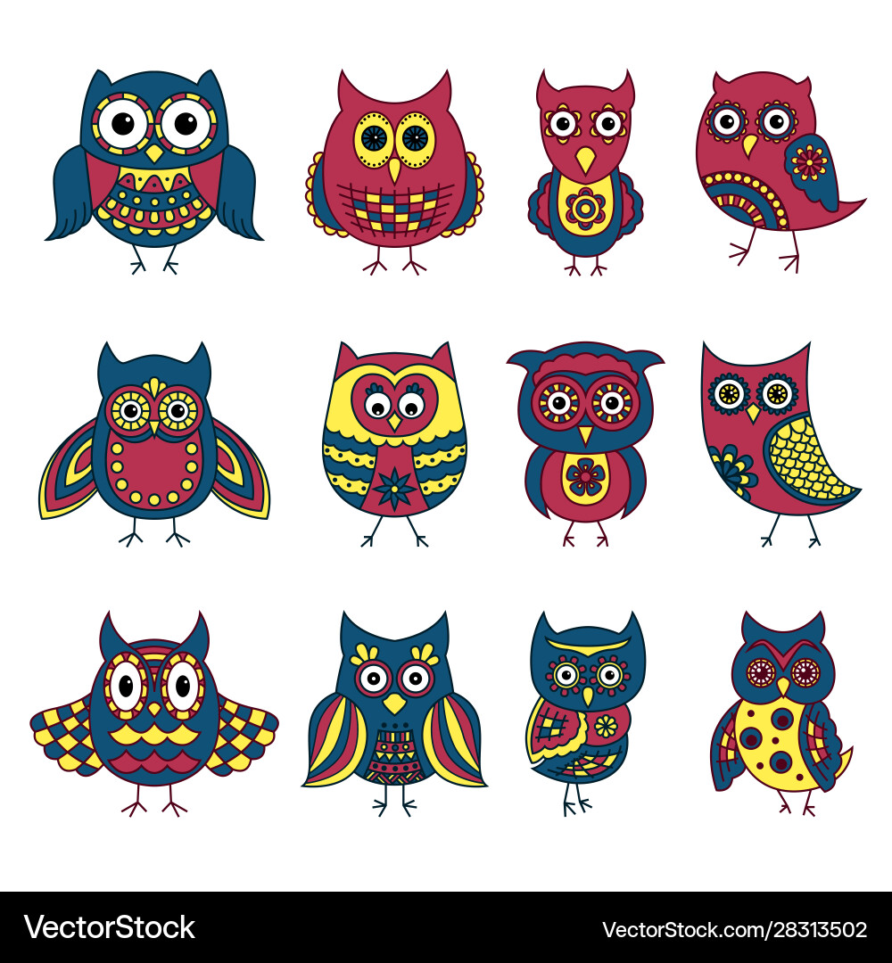 Set twelve funny owls with various patterns Set twelve funny owls with various patterns Vector Image