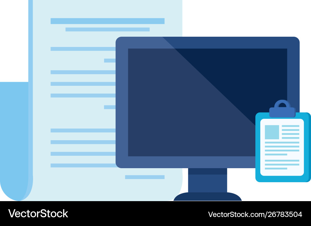 Desktop computer with paper document vector image