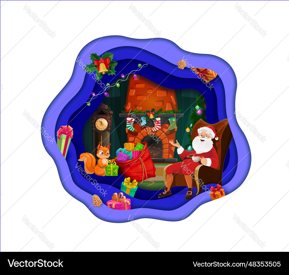 Christmas paper cut cartoon santa near fireplace Christmas paper cut cartoon santa near fireplace vector image