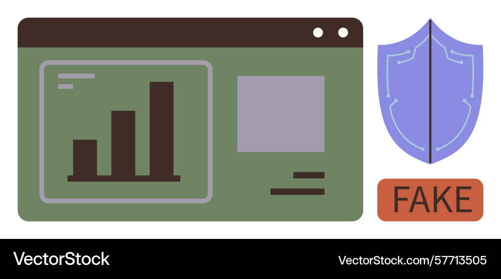 Data dashboard with fake warning shield indicating Data dashboard with fake warning shield indicating vector image