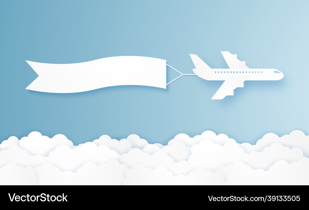 Flying airplane pulling advertising banner paper Flying airplane pulling advertising banner paper vector image
