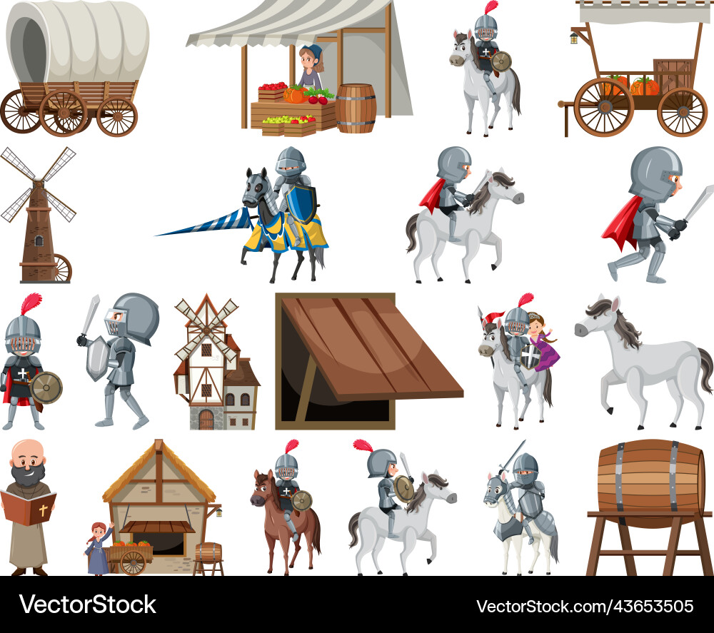 Medieval cartoon characters and objects vector image