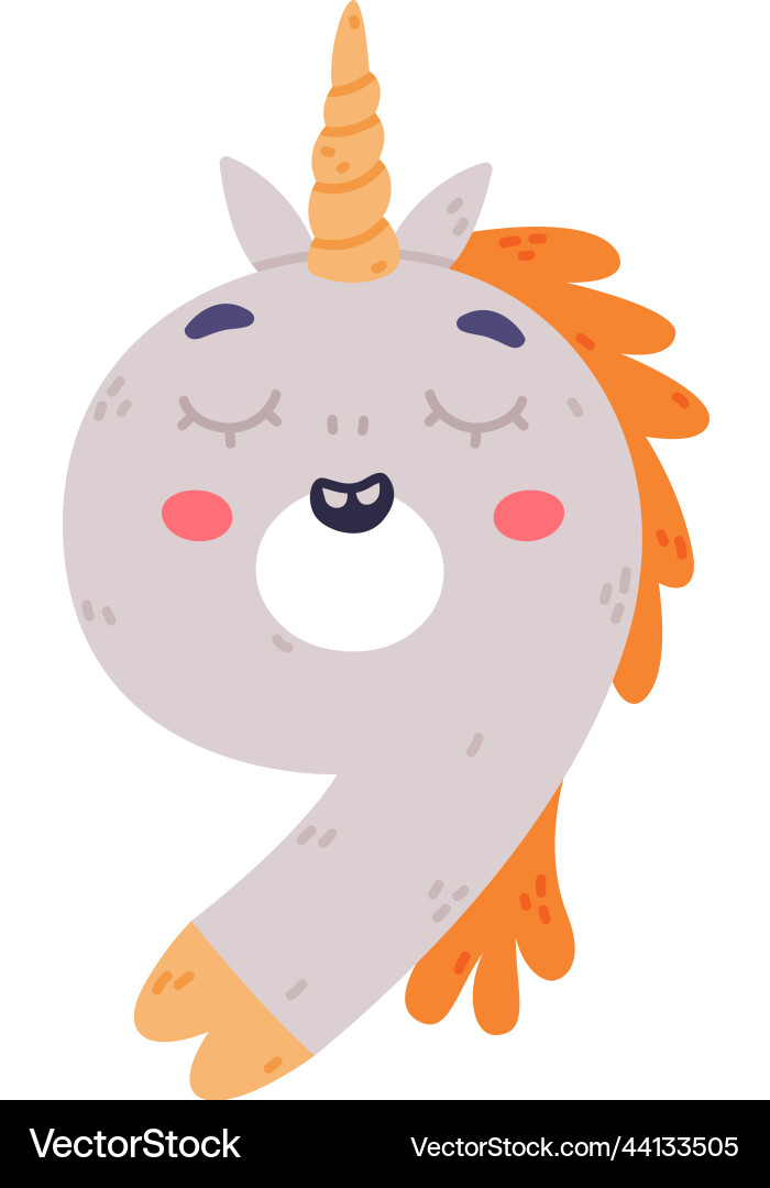 Unicorn cute number nine or numeral with smiling Unicorn cute number nine or numeral with smiling vector image