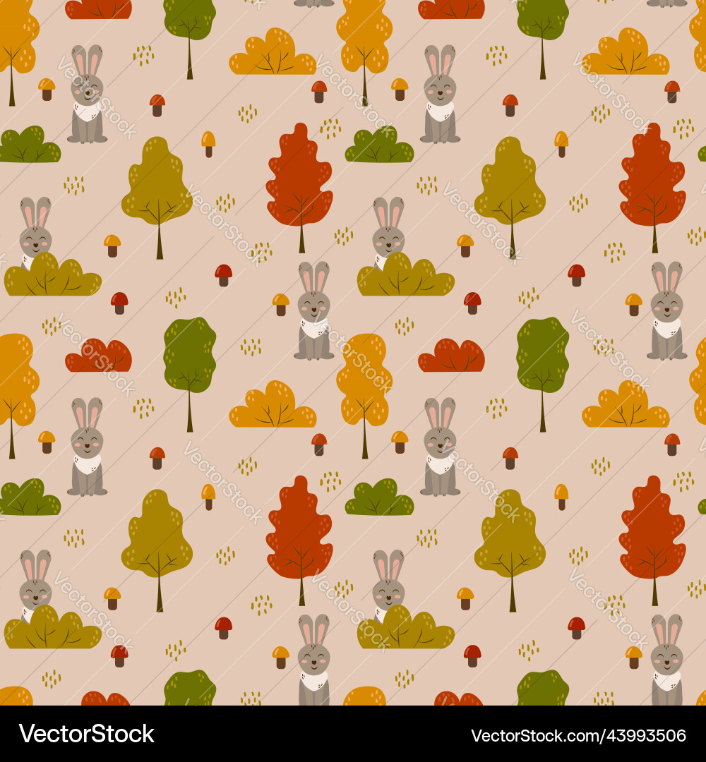 Seamless pattern with rabbits mushrooms trees vector image