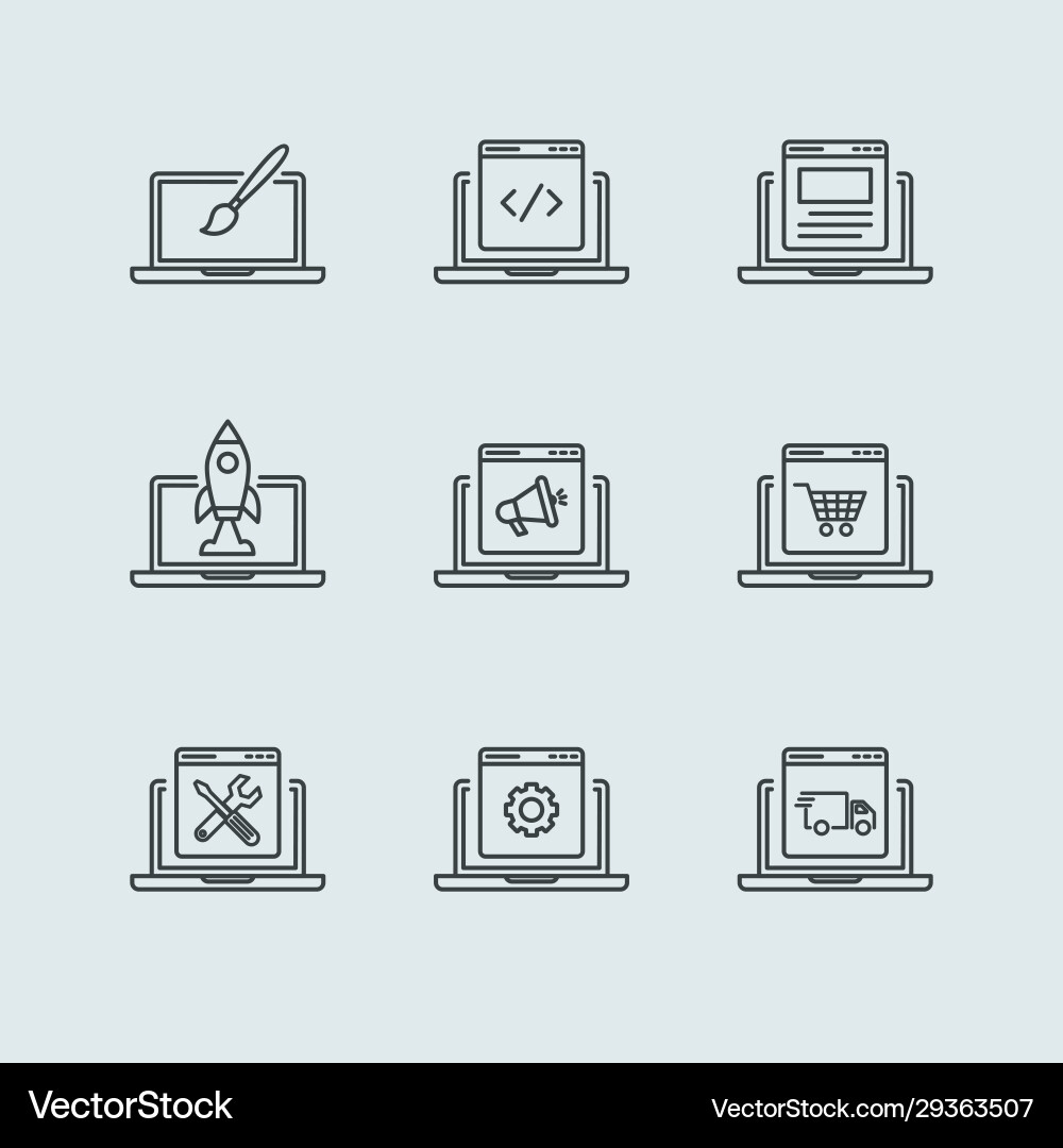 Laptop programming icons line icon set Laptop programming icons line icon set vector image