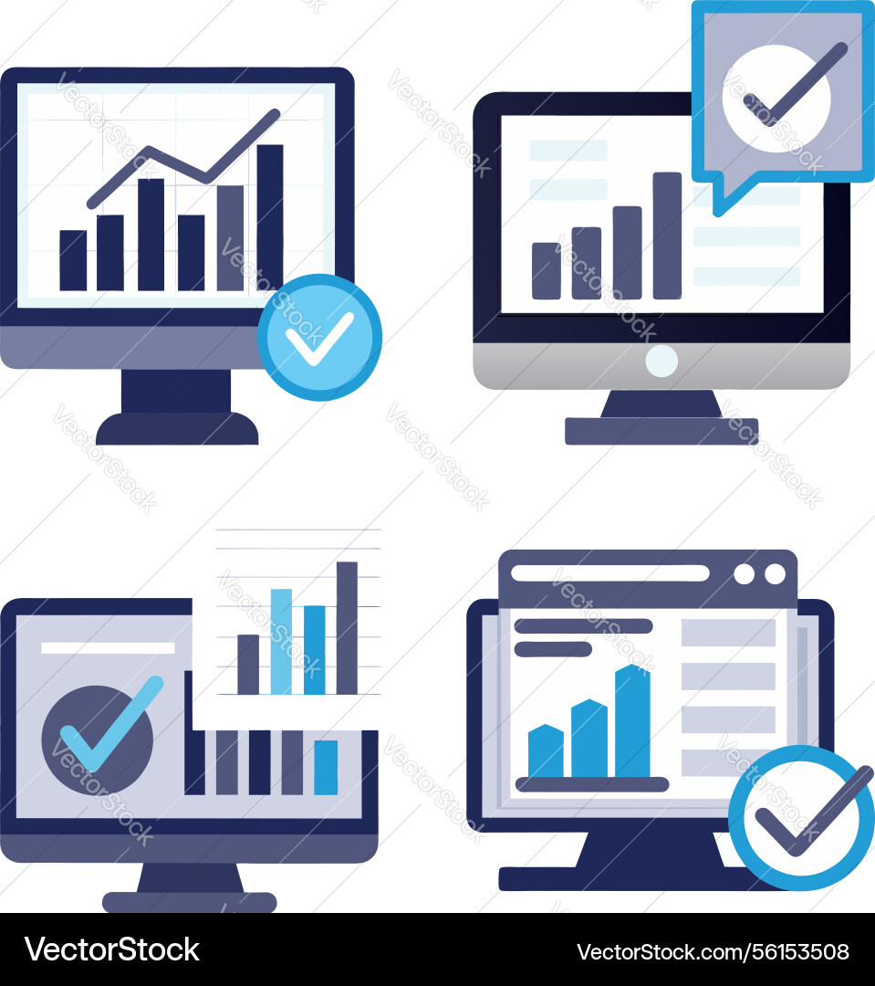Four computer screens showing data charts vector image