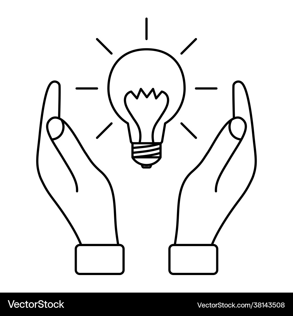 Light bulb with rays between two hands concept Vector Image