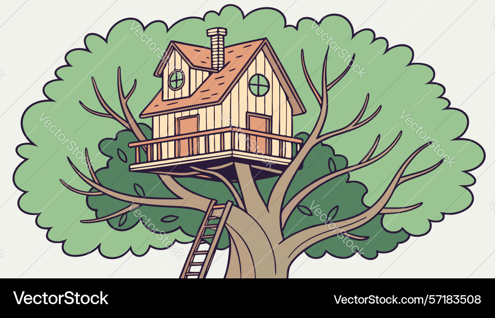Rustic treehouse perched high in a sturdy tree vector image