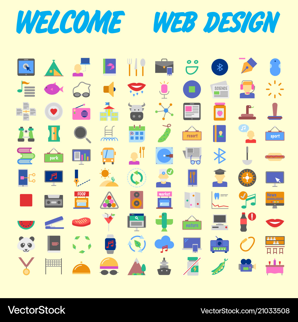 Set of 100 flat web icons on following themes vector image