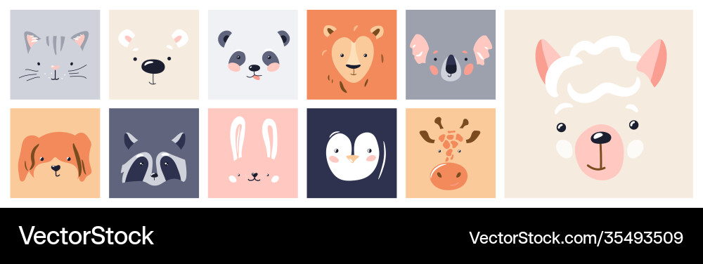 Cute animal baby face posters set Cute animal baby face posters set vector image