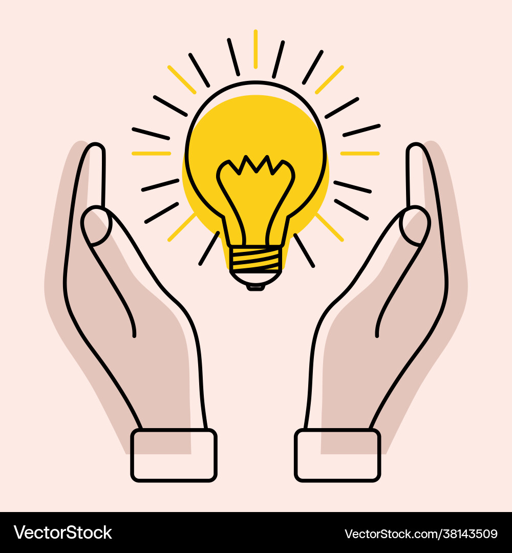 Light bulb with rays between two hands concept Vector Image