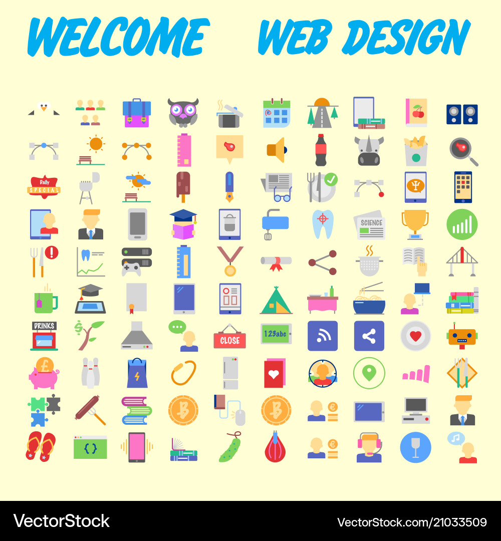 Set of 100 flat web icons on following themes Vector Image