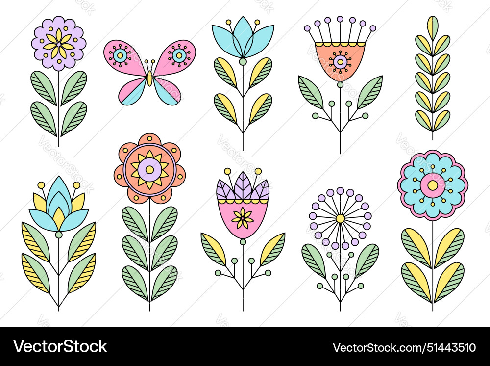A set of linear style flowers to create different Vector Image