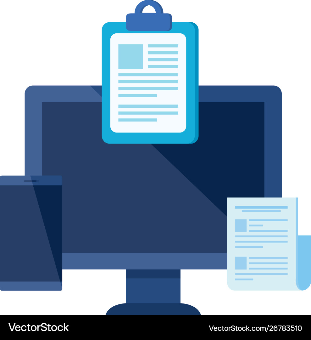 Desktop computer with checklist isolated vector image