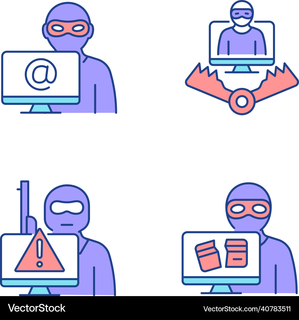 Cyber attacker rgb color icons set Cyber attacker rgb color icons set Vector Image