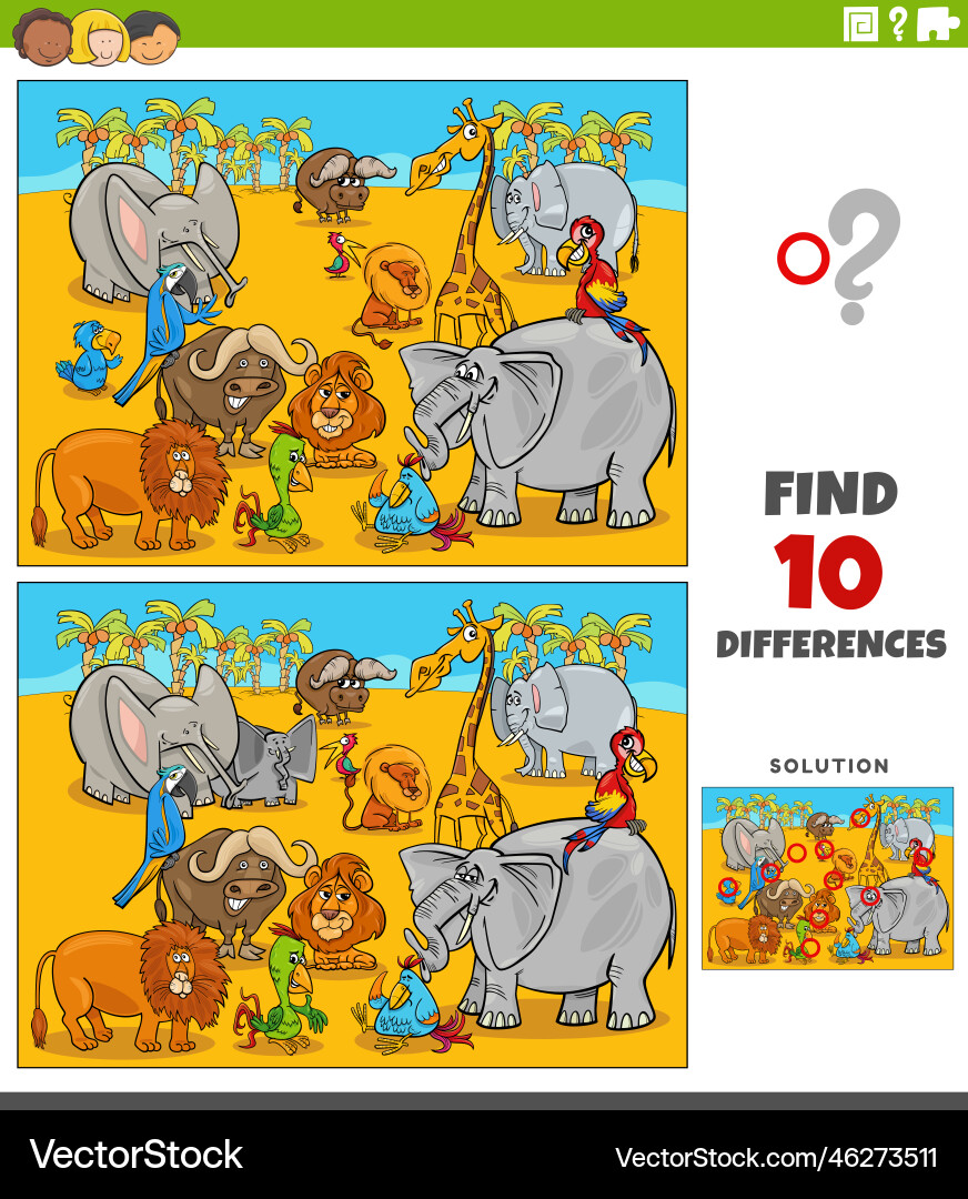 Differences game with cartoon safari animal vector image