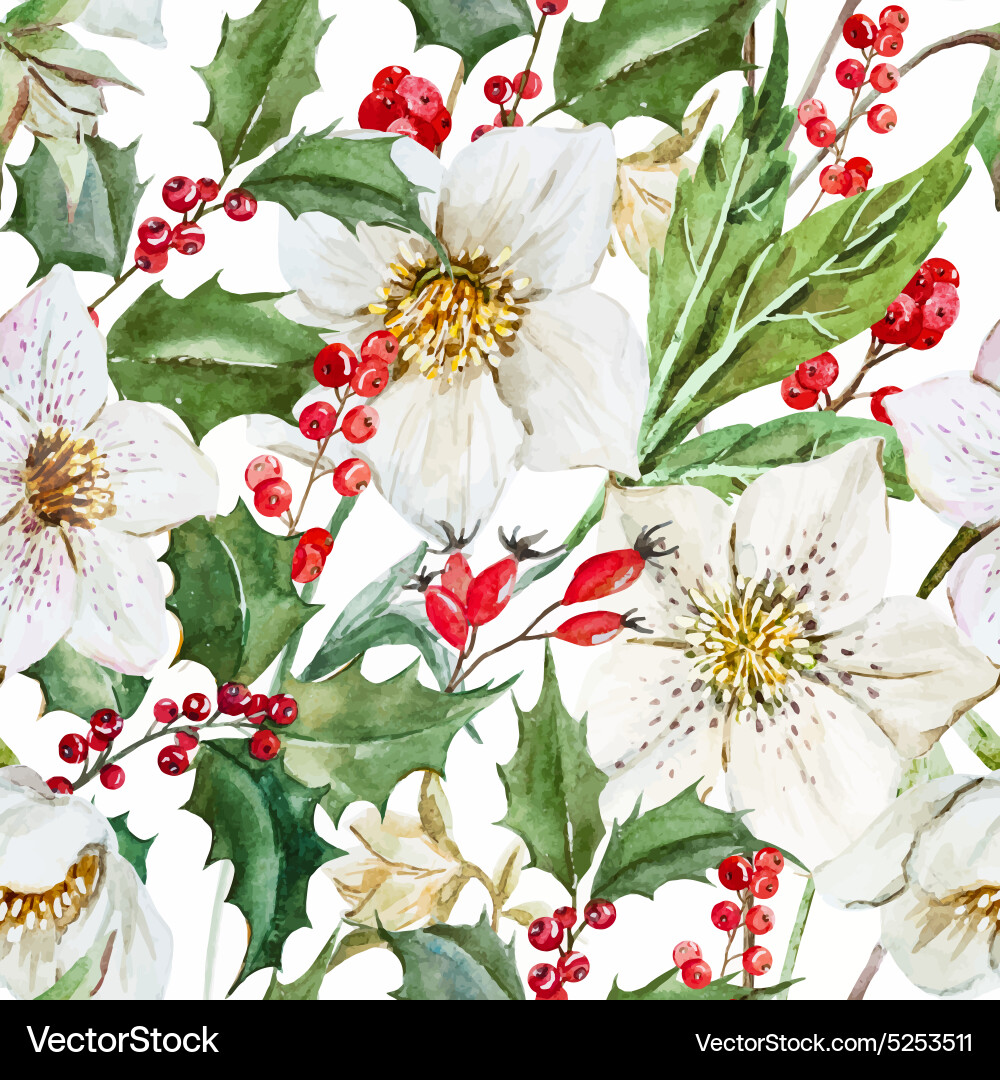 Watercolor Christmas Floral Pattern vector image