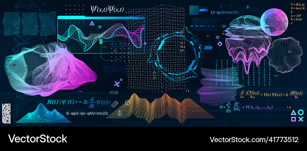 Quantum mechanics elements with famous formulas Quantum mechanics elements with famous formulas vector image