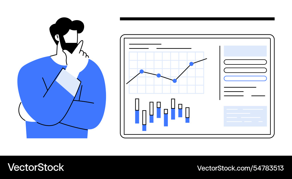 Business person analyzing graph data on large Business person analyzing graph data on large vector image