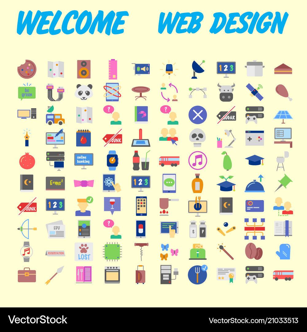 Set of 100 flat web icons on following themes Vector Image