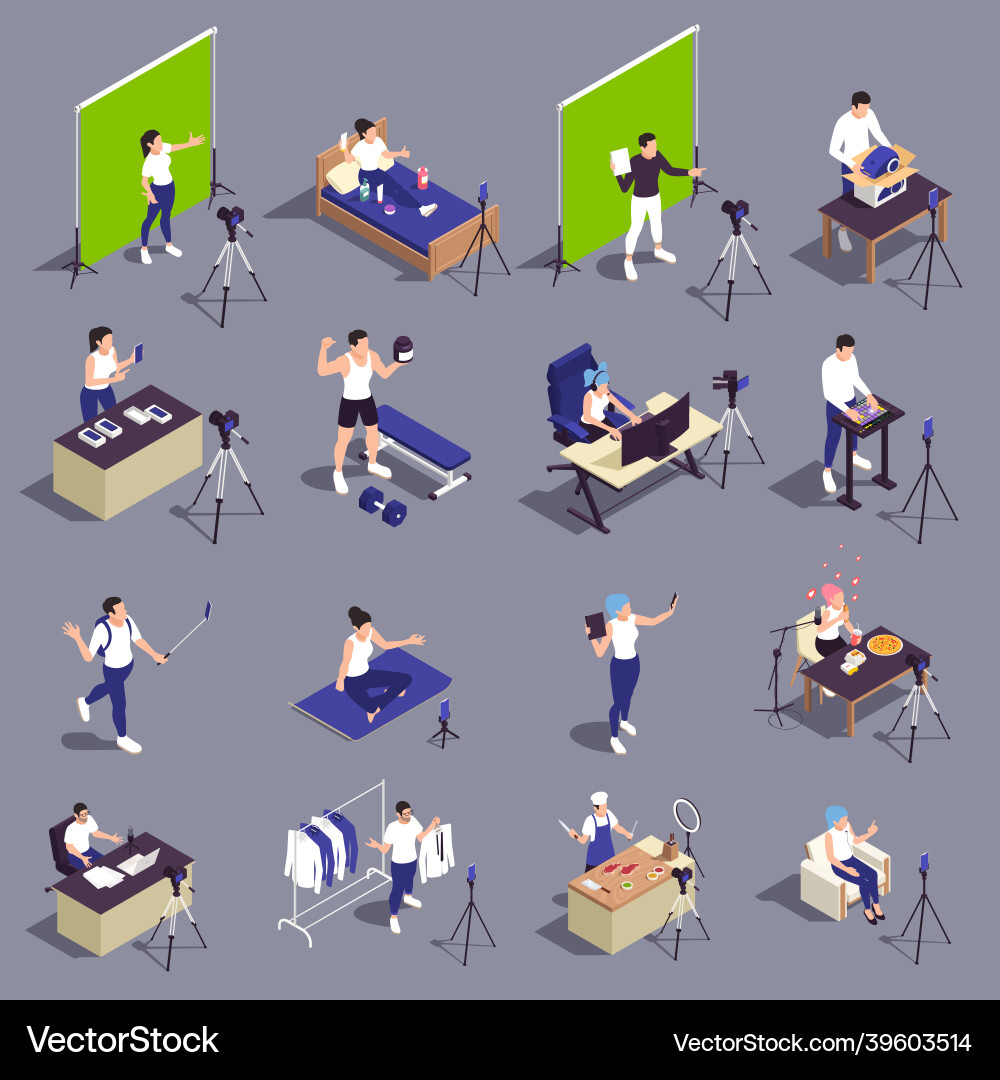 Blogger vlogger isometric set Blogger vlogger isometric set vector image