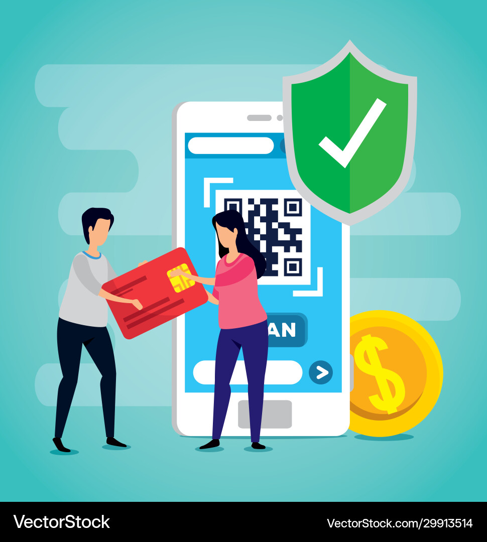 Scan code qr with smartphone and business couple Vector Image
