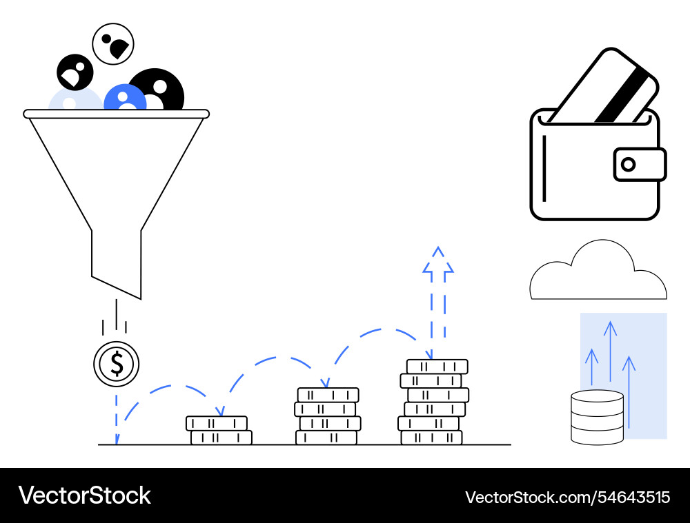 Funnel process with increasing coins wallet Funnel process with increasing coins wallet vector image