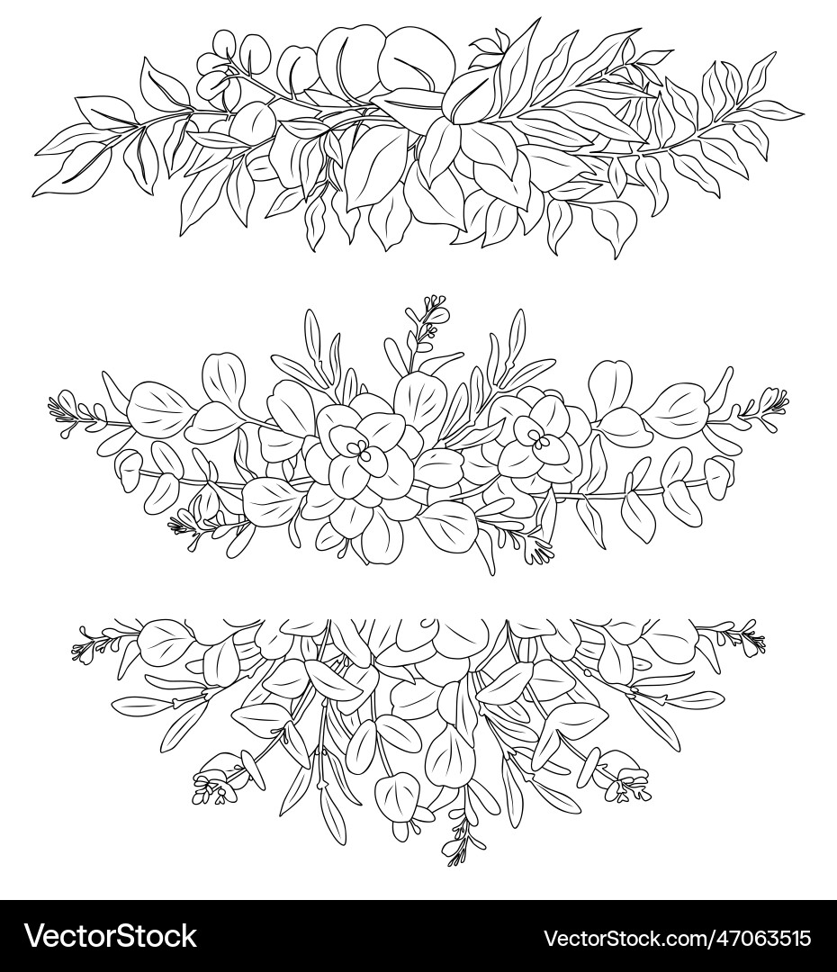Line art eucalyptus leaves arrangement set Line art eucalyptus leaves arrangement set vector image