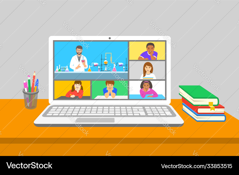 Remote learning virtual chemistry zoom class kids Remote learning virtual chemistry zoom class kids vector image