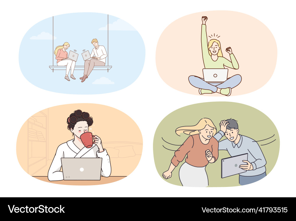 Set of diverse people use computers vector image