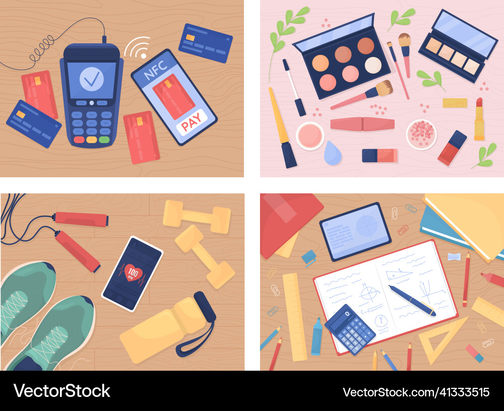 Tabletop with objects flat color set Tabletop with objects flat color set vector image