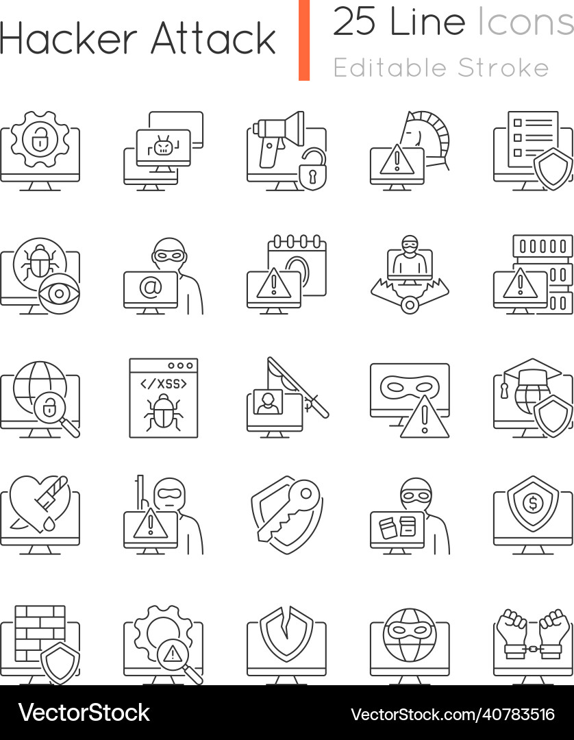 Hacker attack linear icons set vector image