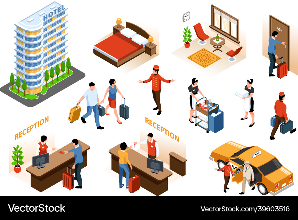 Isometric hotel set Royalty Free Vector Image - VectorStock