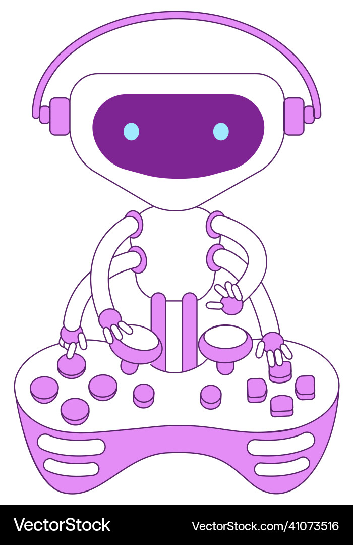 Robot playing console joystick violet linear Robot playing console joystick violet linear vector image
