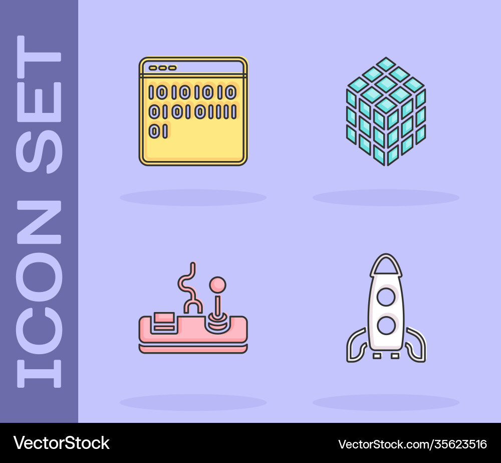 Set rocket ship binary code gamepad and rubik Set rocket ship binary code gamepad and rubik vector image
