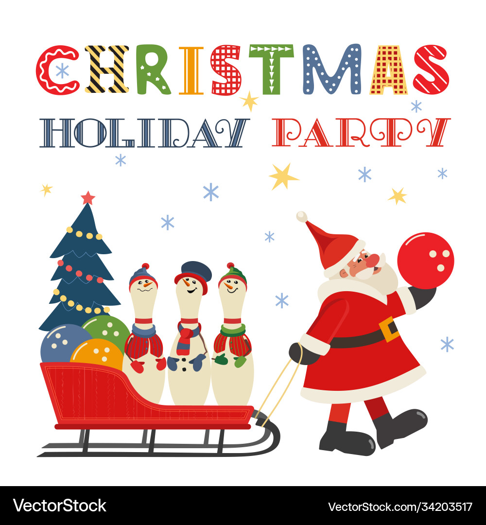 Santa claus bowling pins in sleigh comic poster Santa claus bowling pins in sleigh comic poster vector image