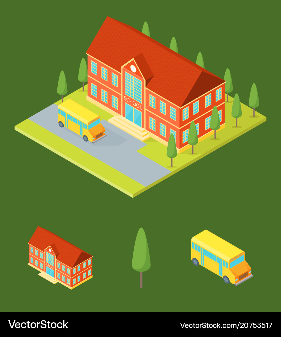 School building and elements part isometric view School building and elements part isometric view vector image