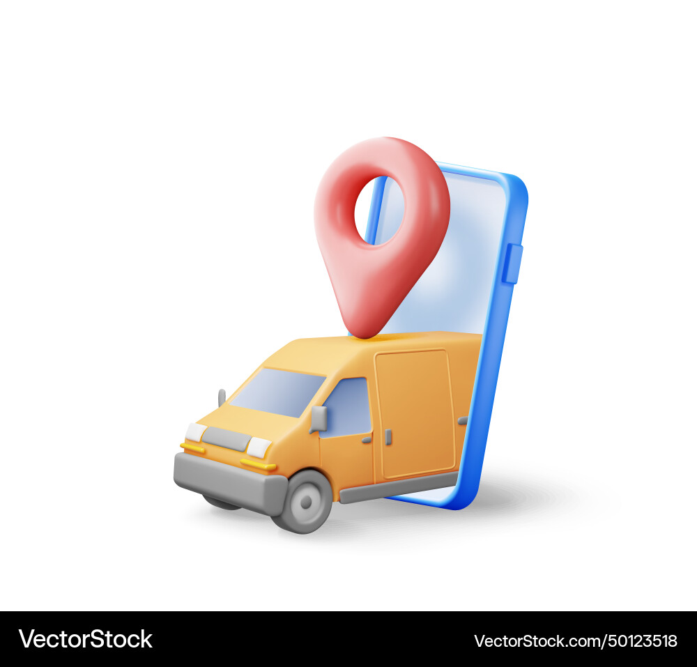 3d delivery van and smartphone with navigation app 3d delivery van and smartphone with navigation app vector image
