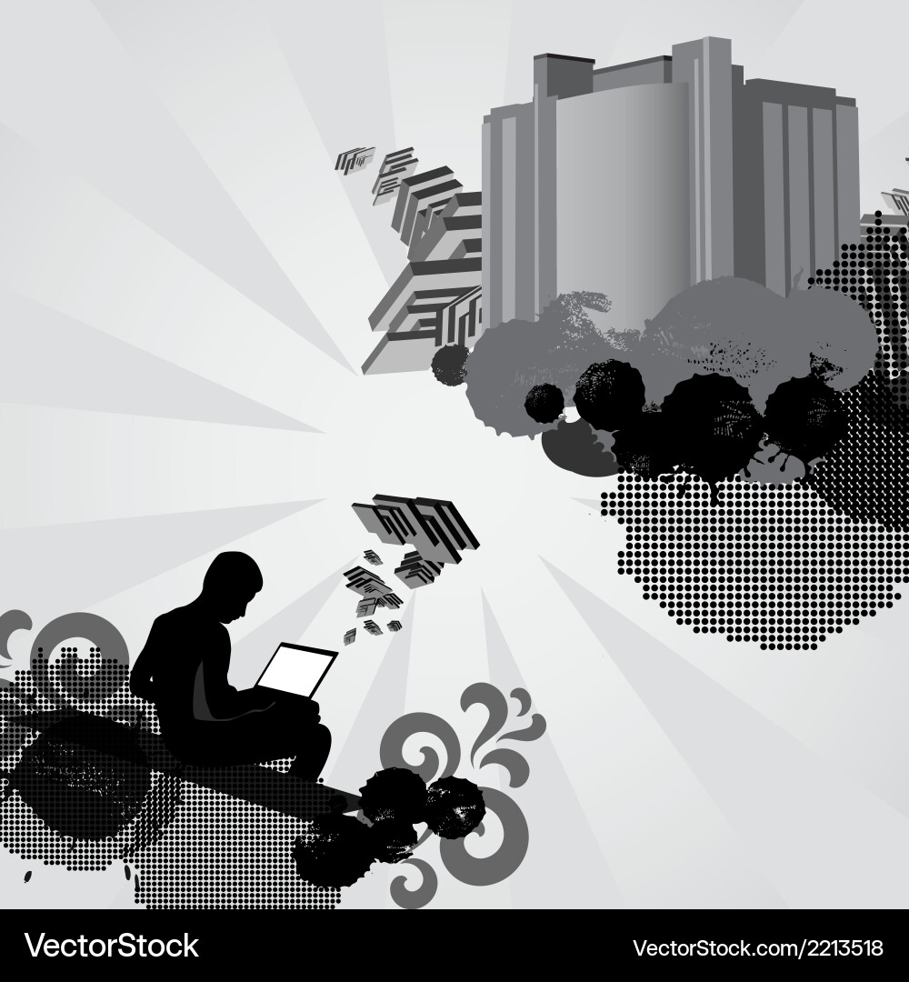 Man works on laptop computer and creates something Vector Image
