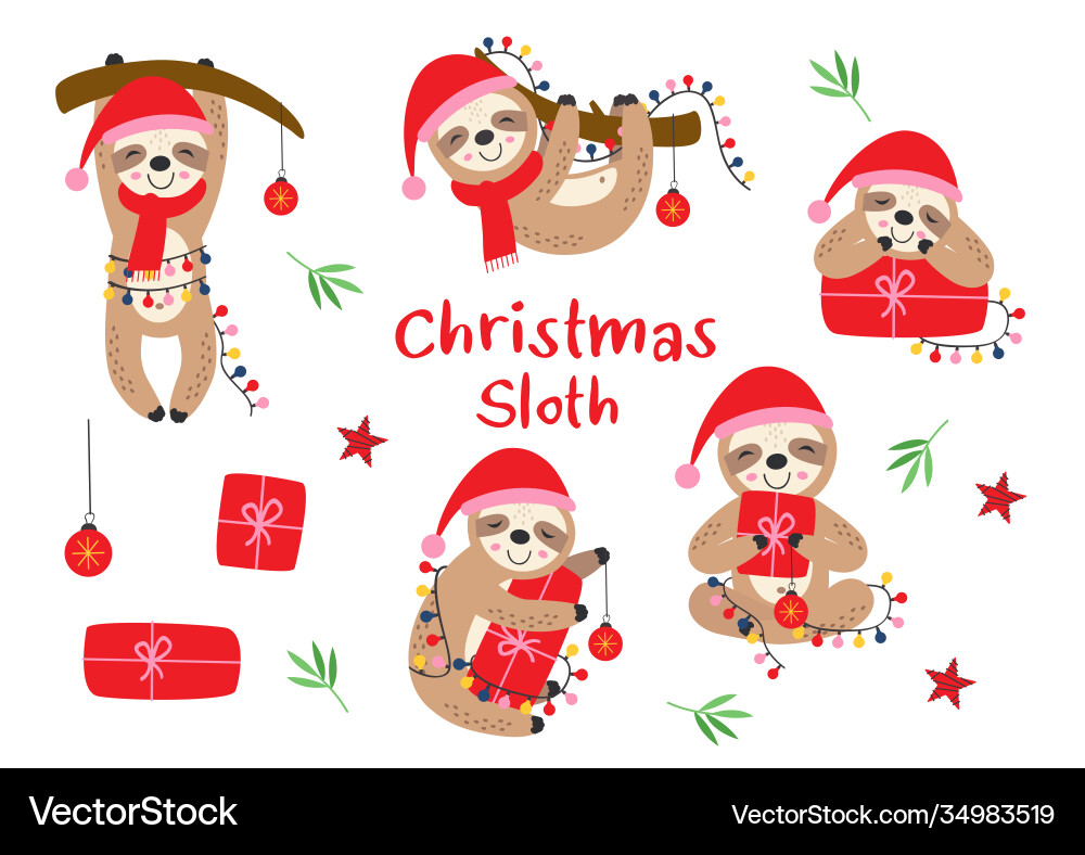 Christmas Sloths with Gifts Vector Image