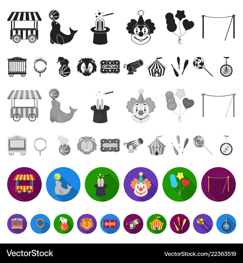 Circus and attributes flat icons in set collection Circus and attributes flat icons in set collection vector image