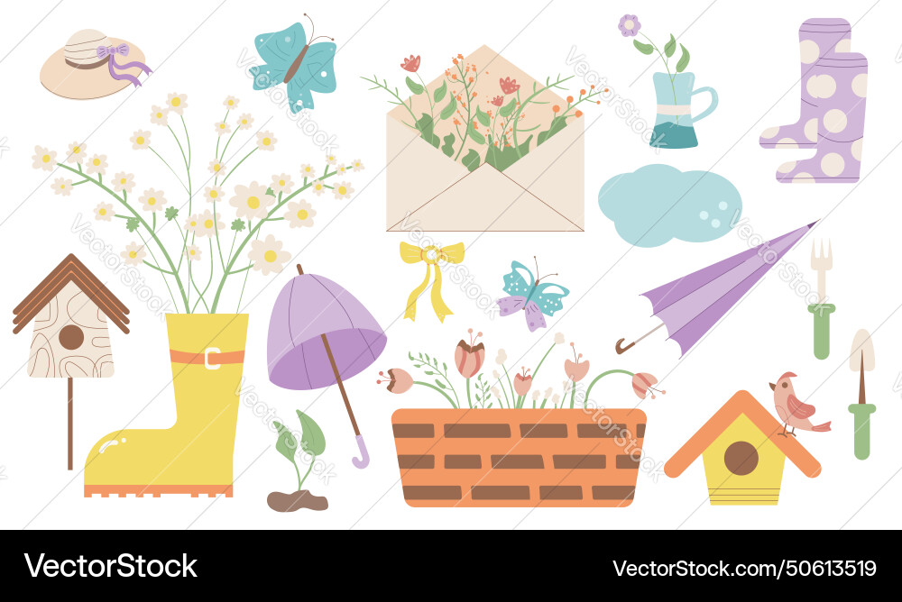 Spring elements set isolated on white background vector image