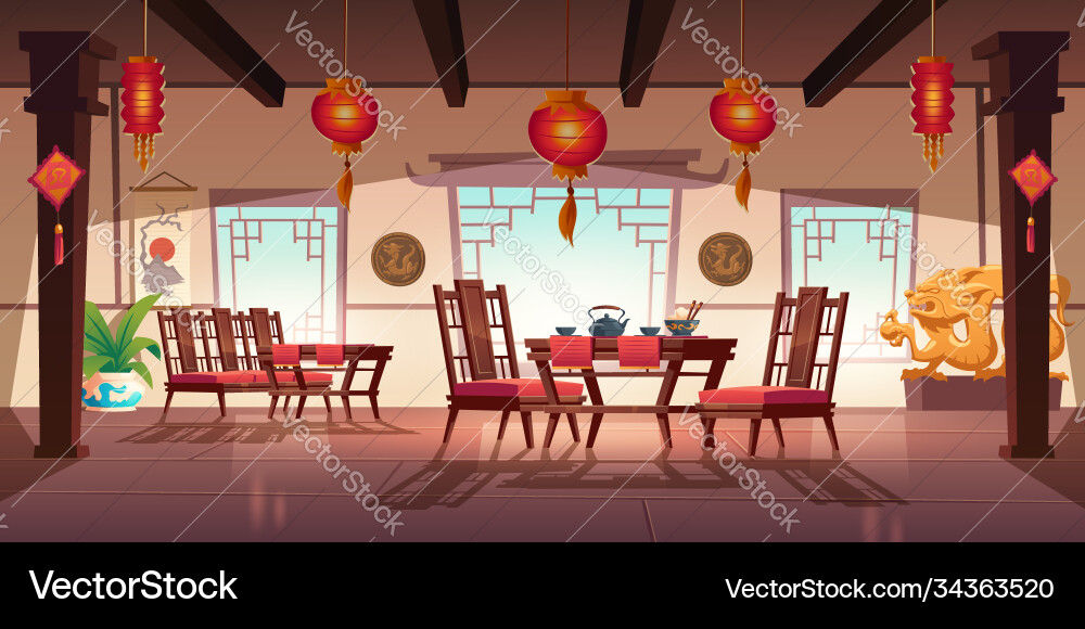 Chinese cafe interior with lanterns and dragons Chinese cafe interior with lanterns and dragons vector image