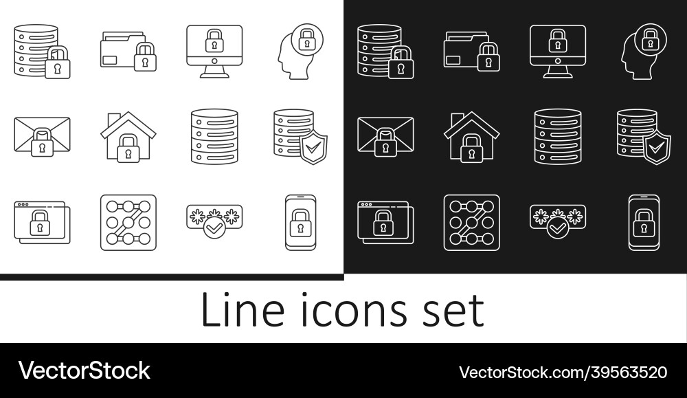 Set line mobile with closed padlock server shield vector image
