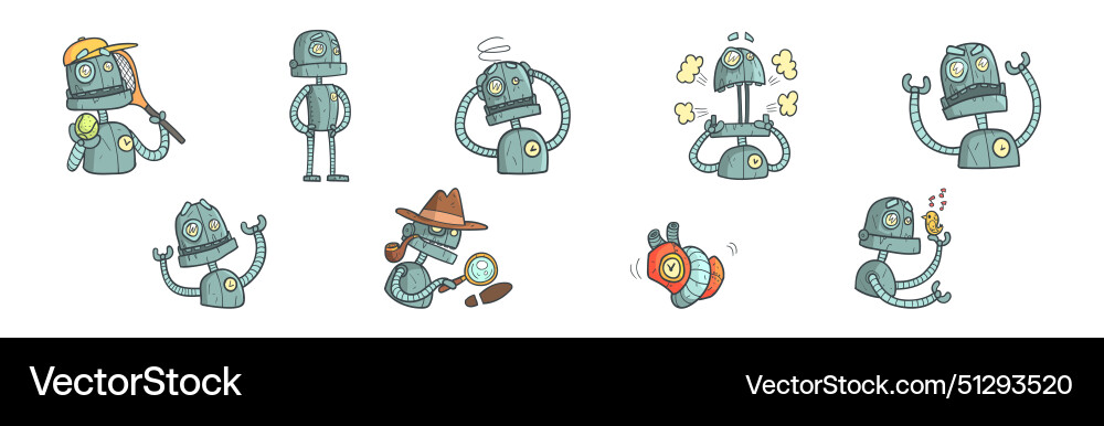 Steampunk robot character in various pose Steampunk robot character in various pose vector image