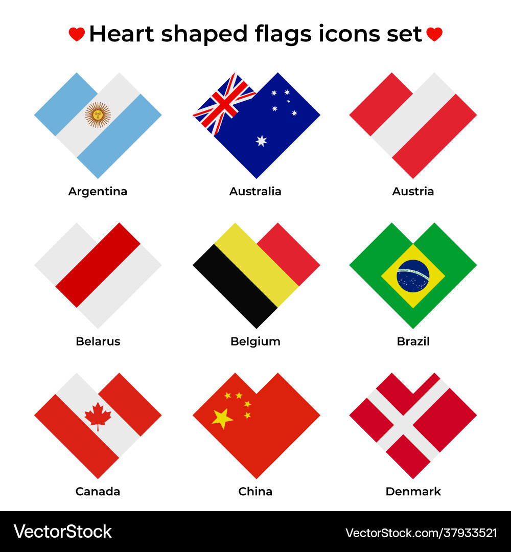 Heart shaped flags icons set flag icon in simple Heart shaped flags icons set flag icon in simple vector image