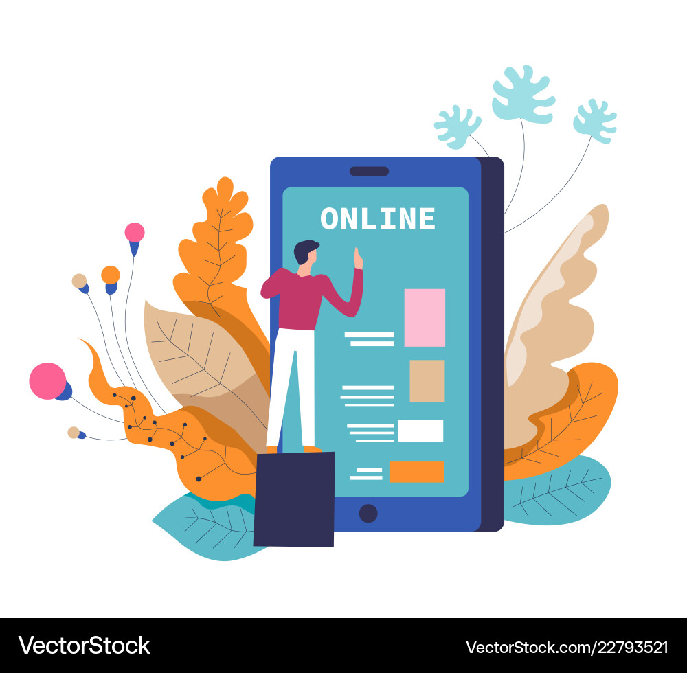 Online service man with big smartphone and leaves Online service man with big smartphone and leaves vector image