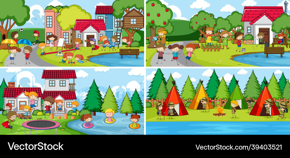 Outdoor-Szene mit vielen Kindern doodle Cartoon Outdoor-Szene mit vielen Kindern doodle Cartoon vektorbild