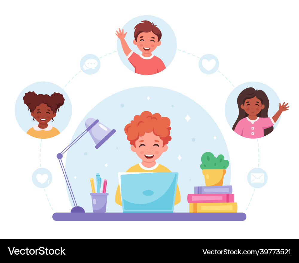 Red haired boy studying with computer online Red haired boy studying with computer online Vector Image