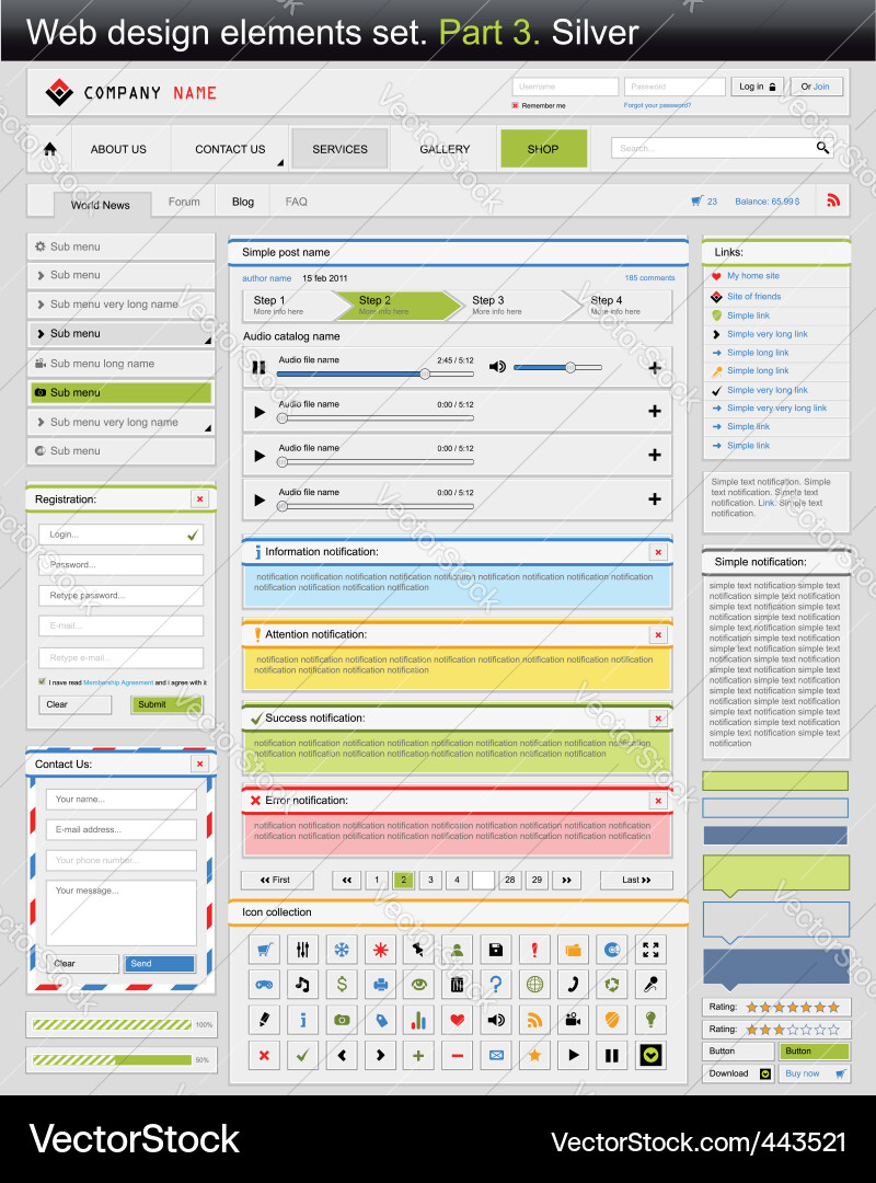 Web UI Elements - Silver Theme vector image